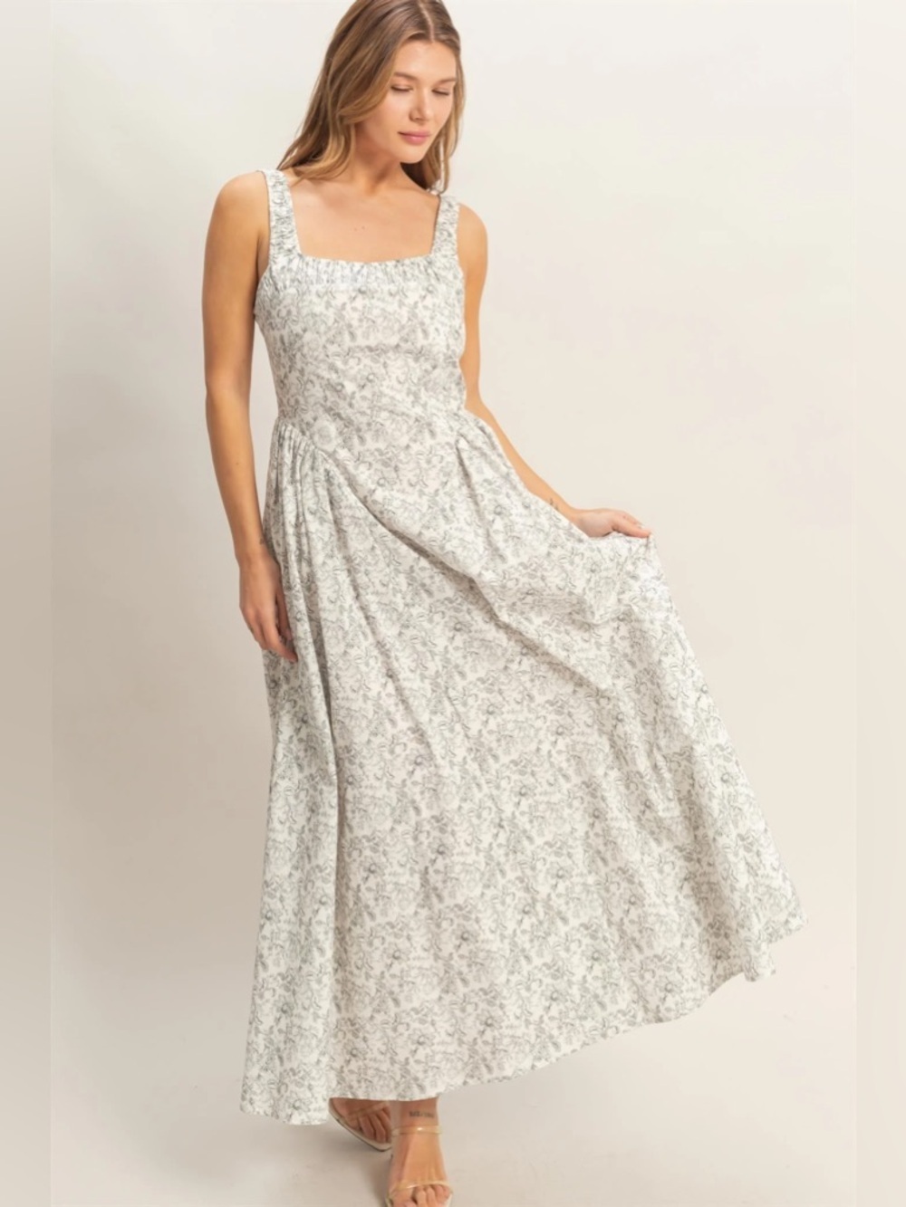 NEW HYFVE Floral Cotton Maxi Dress Empire Waist Square Neck A-Line Size Small